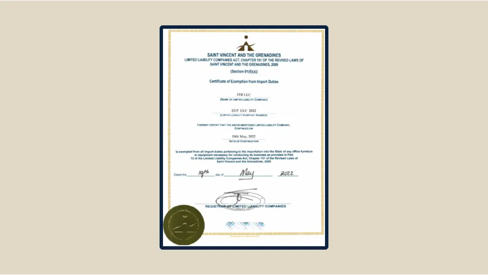 گواهی شرکت ITB LLC با شماره 2215 در سنت وینسنت و گرنادینها